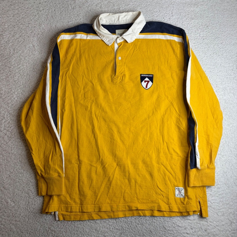 American Eagle Vintage Rugby Shirt Mens XXL Yellow Navy Blue Patch Long Sleeve